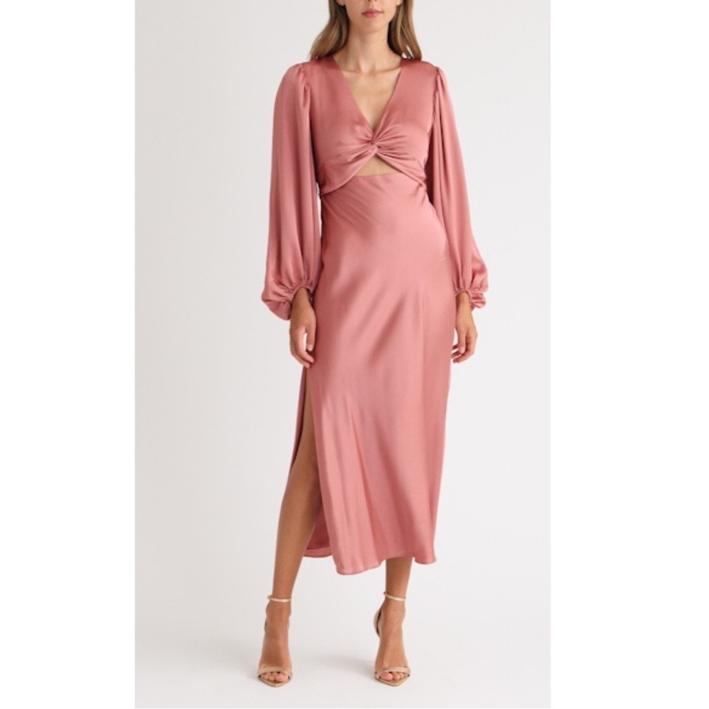 Shona Joy Luxe Twist Front Balloon Sleeve Midi Dress Dusty Rose Pink